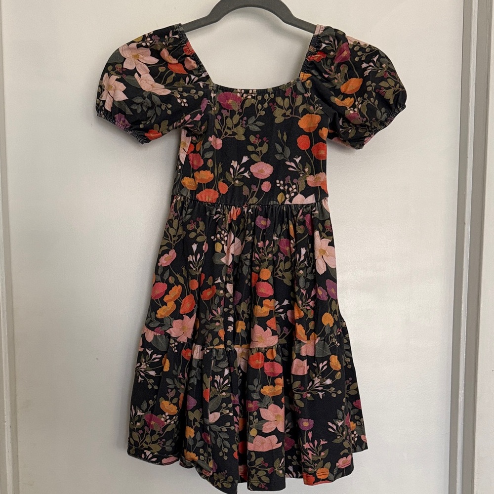 Girls Alice + Ames Black Floral Puff-Sleeve Casual Dress - Pink & Orange Blooms